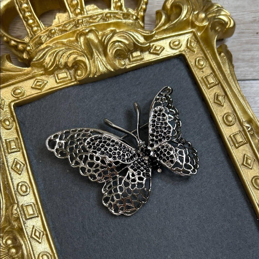 Large Elegant Black and Silver Butterfly Brooch